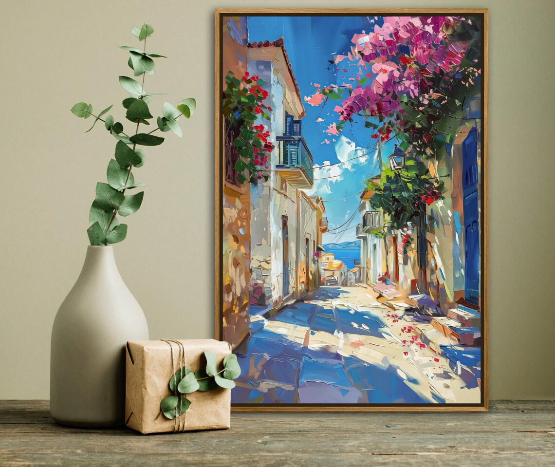 Sunny Greek Street Blooming Bougainvillea Blue Doors Sea View Poster - Image 4