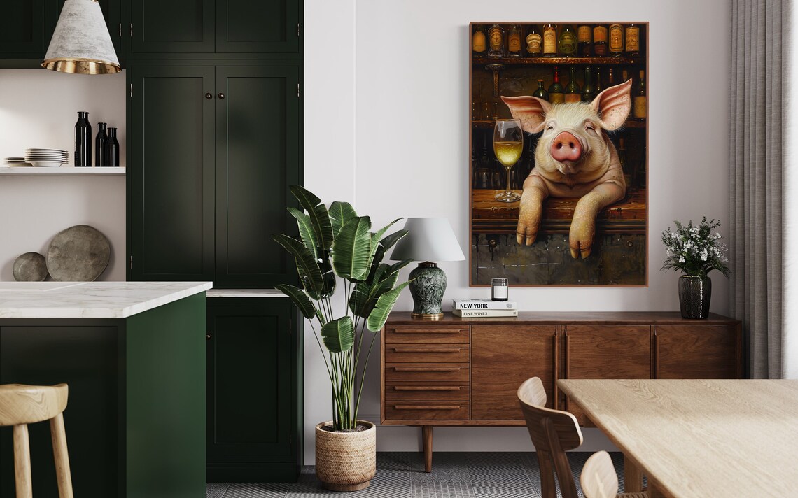 Whimsical Pig Art Print, Wine Bar Decor Piece - Image 3