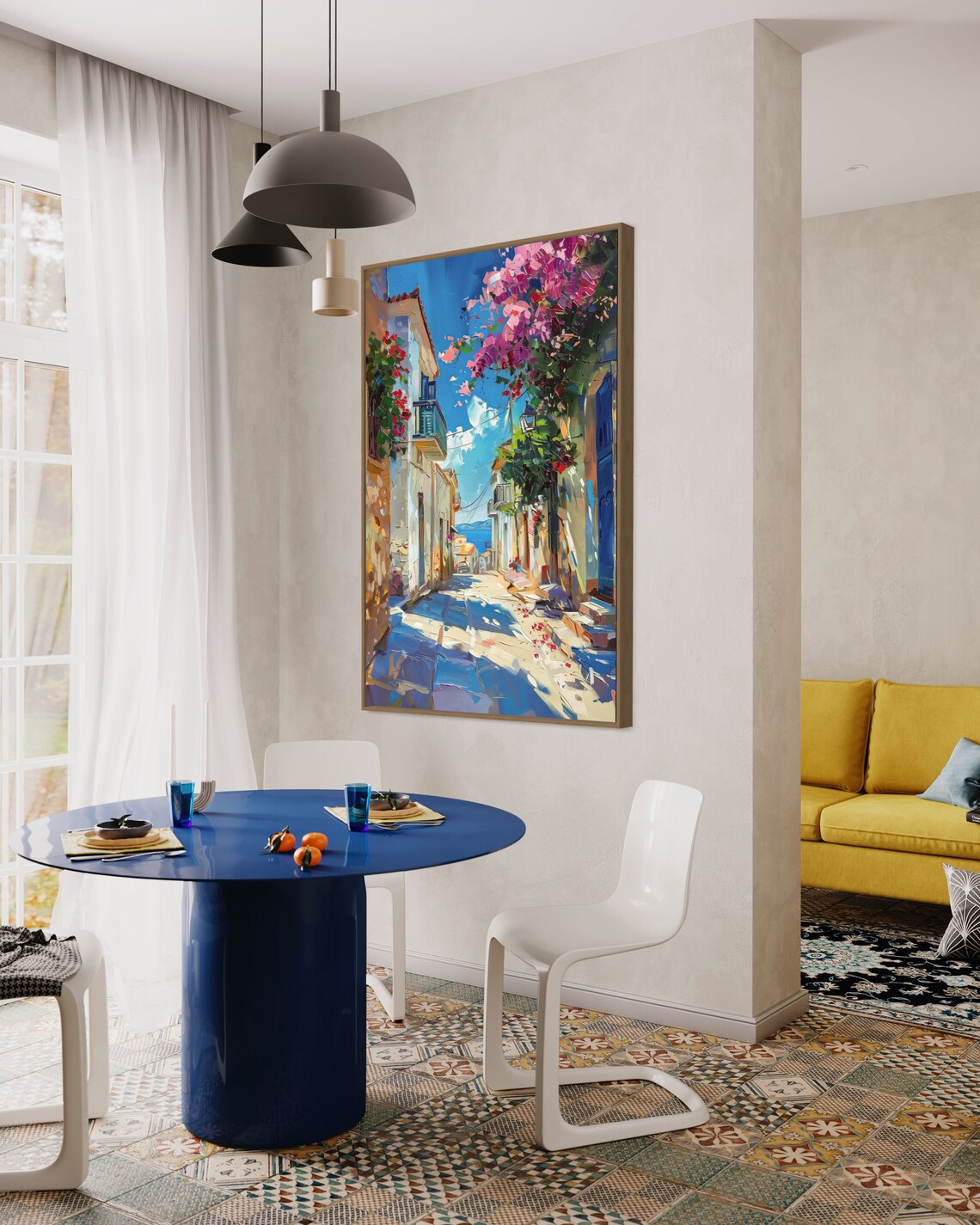 Sunny Greek Street Blooming Bougainvillea Blue Doors Sea View Poster - Image 3