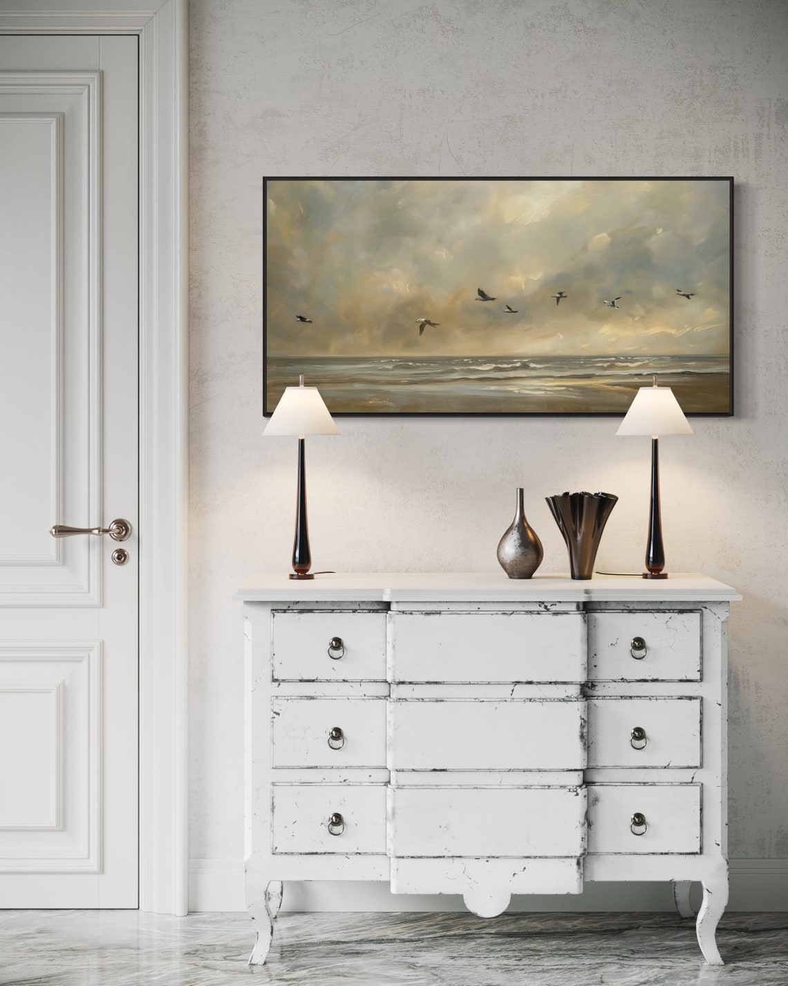 Seagulls Flying Over Moody Golden Ocean Seascape Rustic Wall Art - Image 4