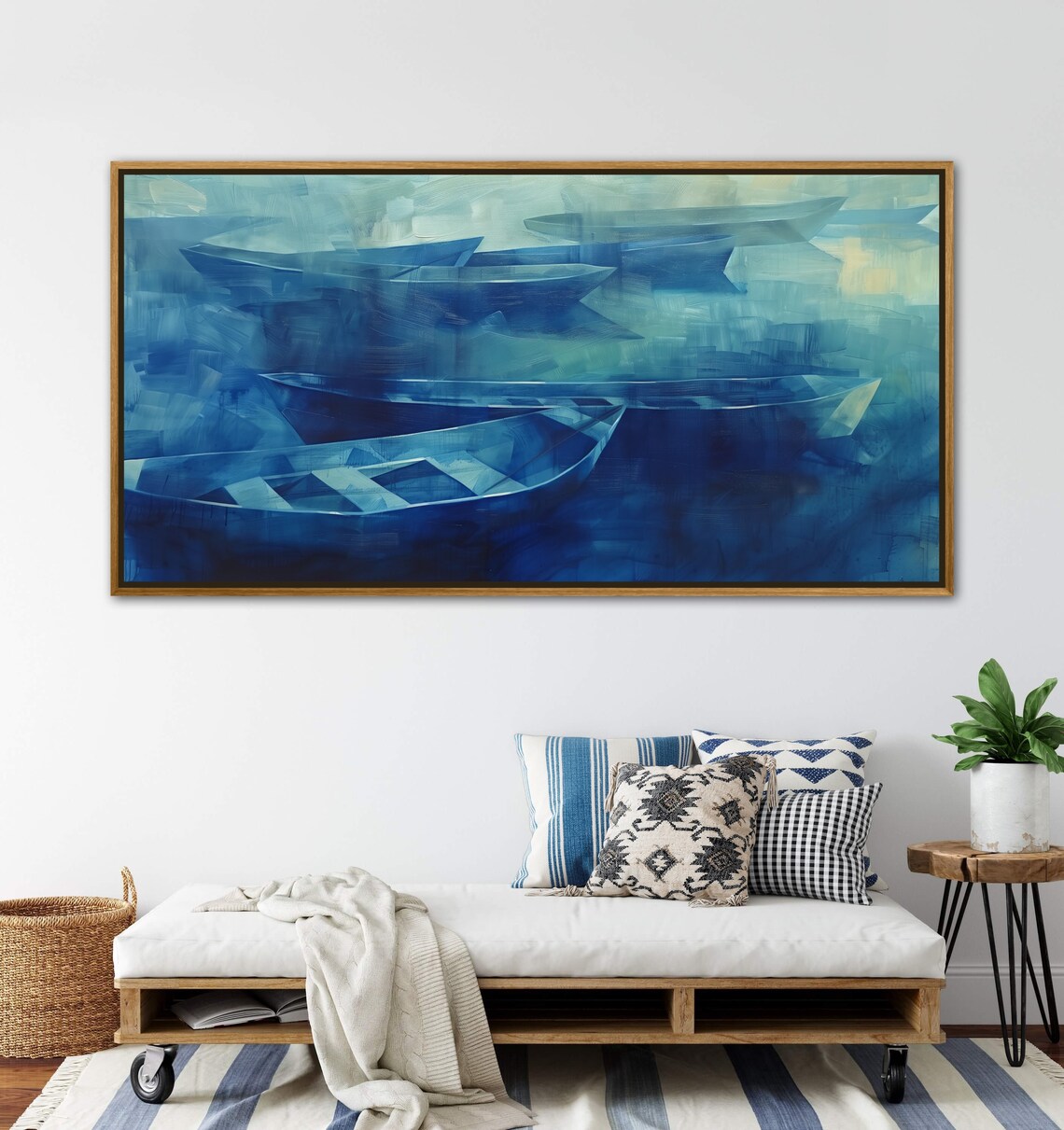 Expressive Nautical Painting Print Navy Blue Abstract Maritime Art Simplistic Polygonal Boats For Tranquil Wall Decor - Image 4