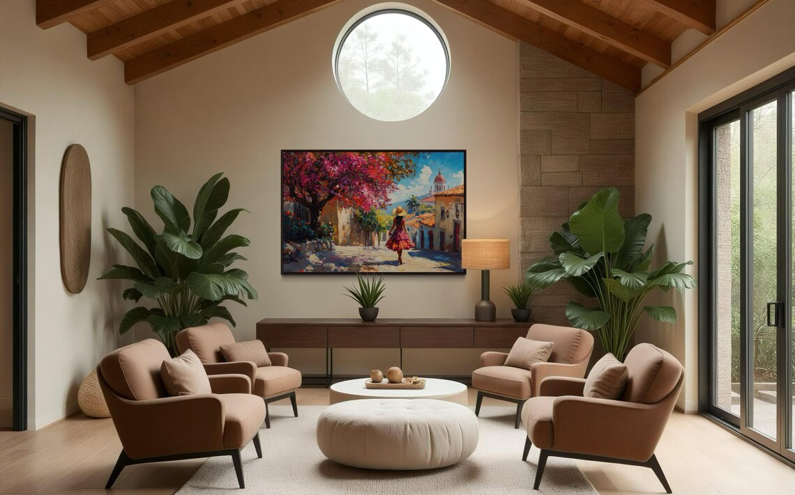 Vibrant Mexican Street Bougainvillea Village Woman Walking Art Print - Image 2