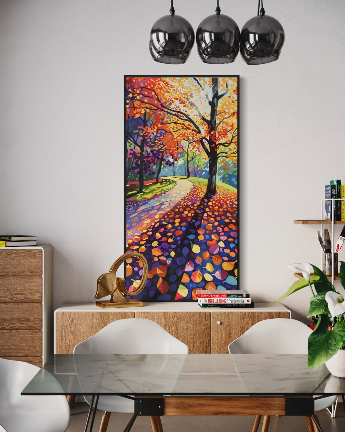 Enchanted Autumn Forest Path Colorful Falling Leaves Vertical Print - Image 5