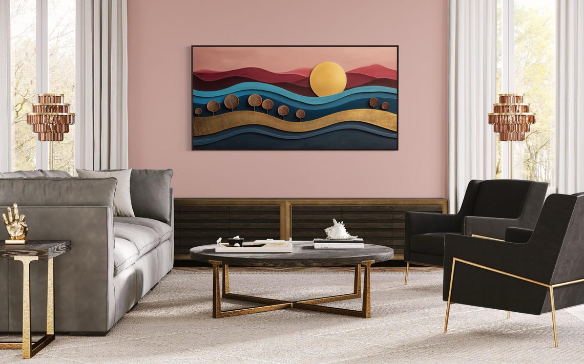 Pink Sunset Abstract Waves Layered Boho Panoramic Modern Wall Poster - Image 2