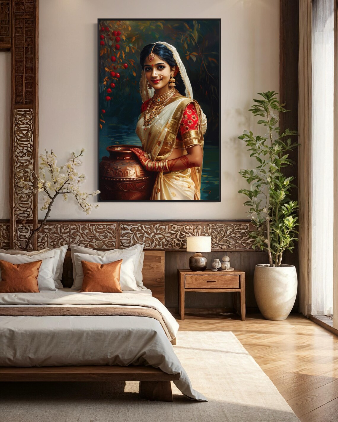 Elegant Indian Woman Portrait Red White Sari Gold Jewelry Art Print - Image 3