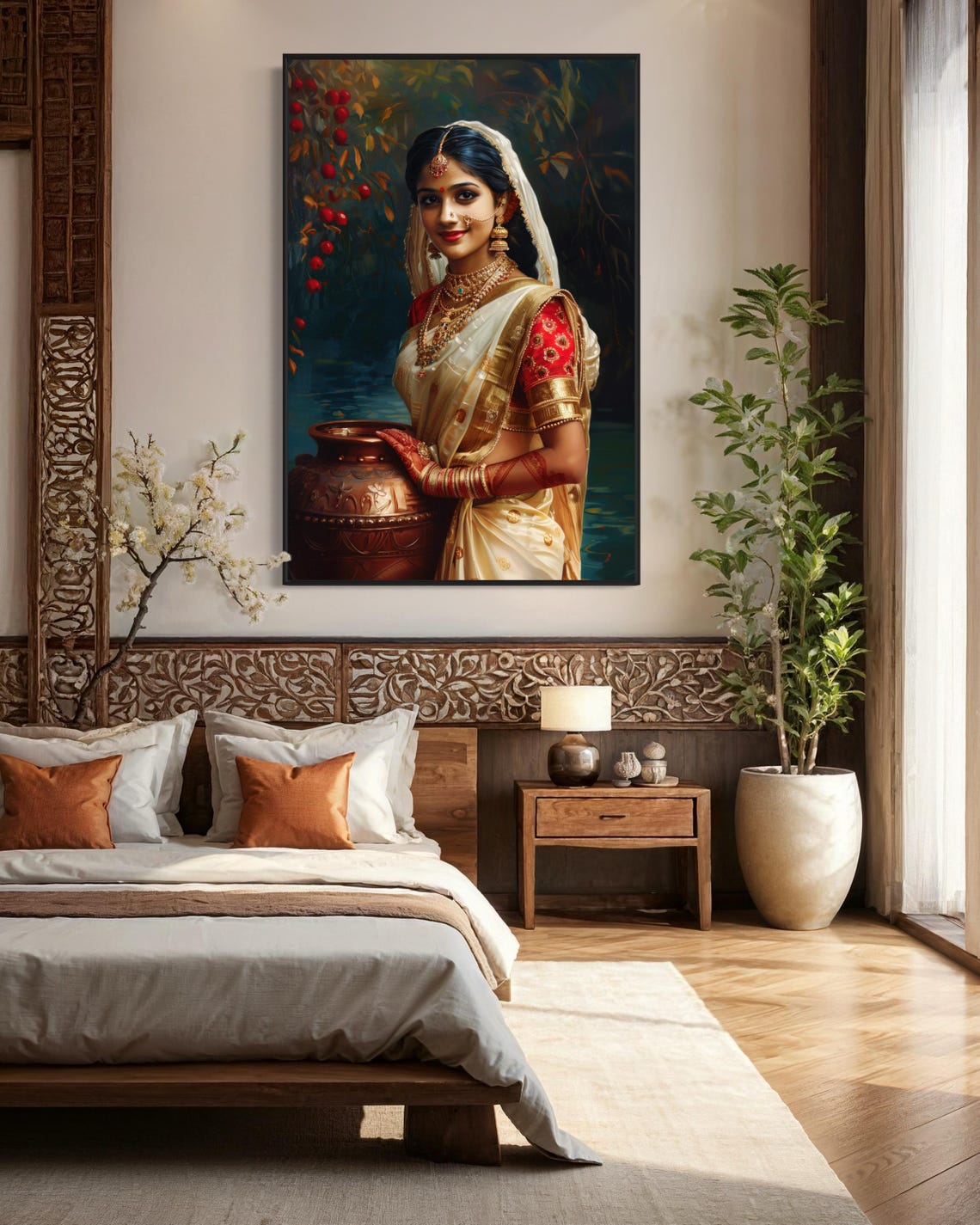 Elegant Indian Woman Portrait Vibrant South Asian Wall Art Beautiful Indian Girl Painting Print For Coquette Room Decor - Image 3