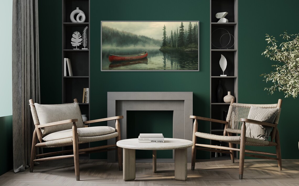 Red Canoe Misty Lake Dark Pine Forest Moody Vintage Boat Art Poster - Image 2