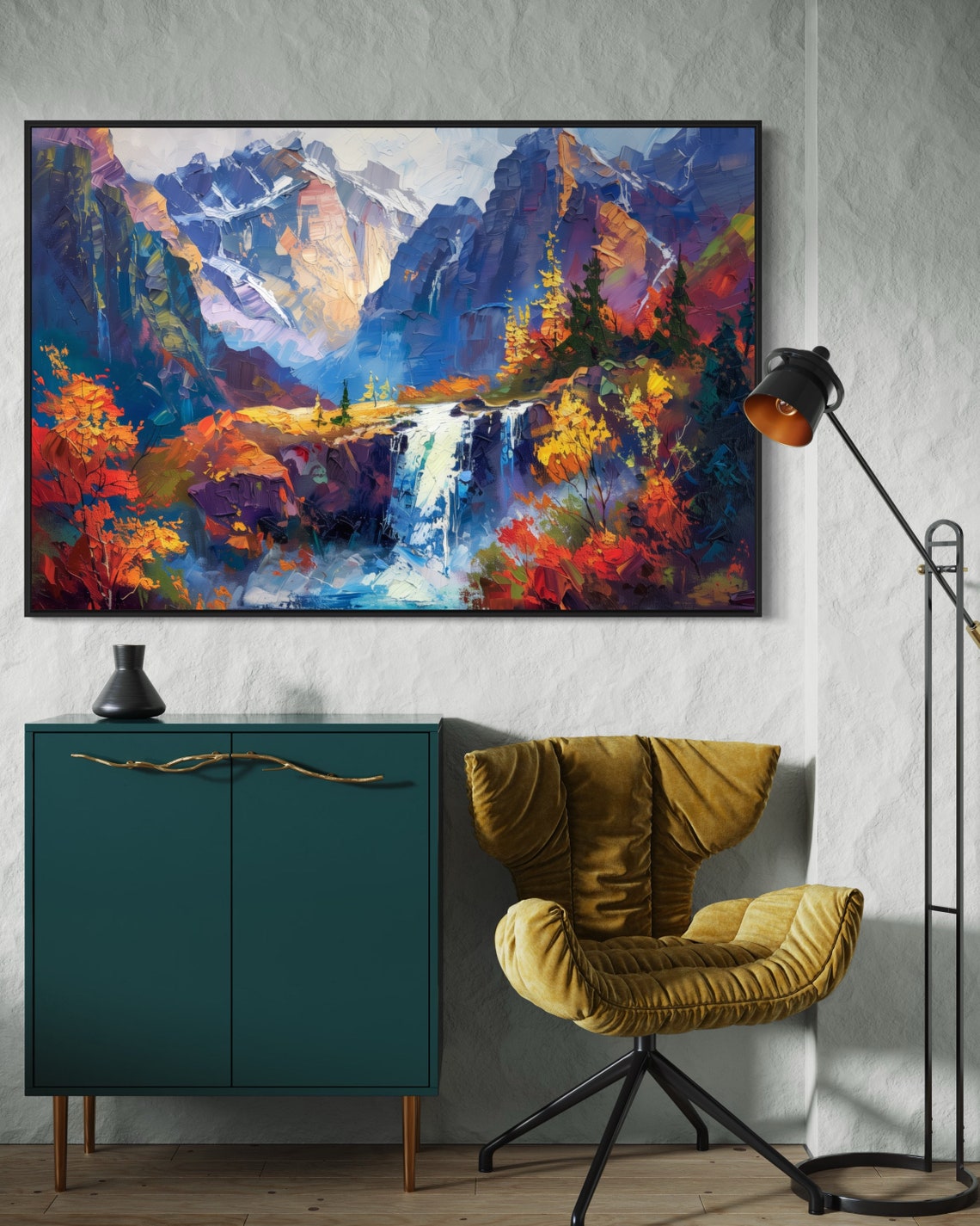 Autumn Mountain Waterfall Valley Impasto Landscape Travel Poster - Image 5
