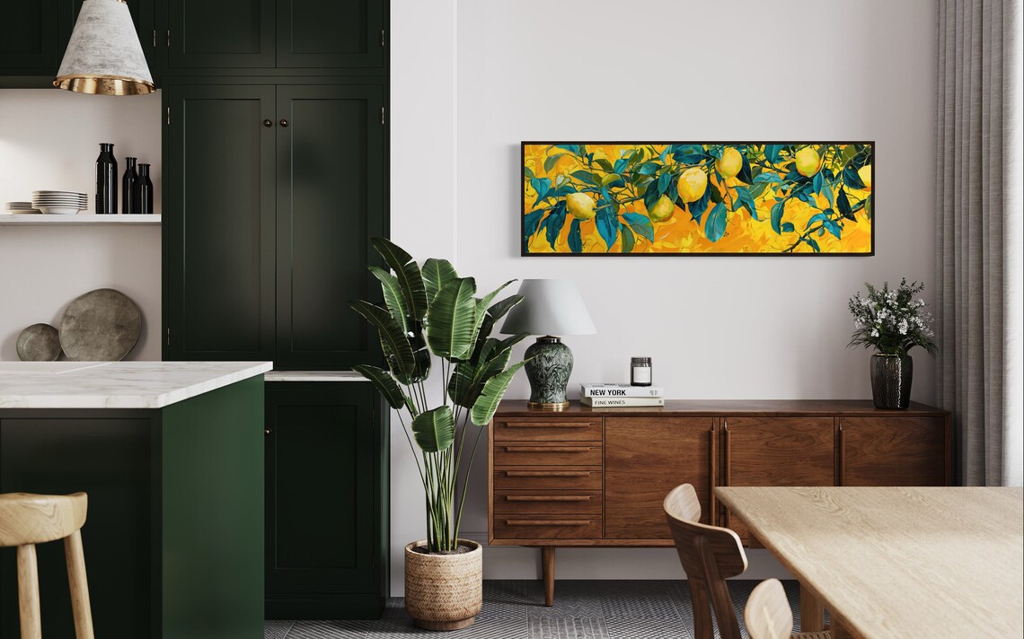 Panoramic Lemon Tree Branch Long Narrow Wall Art Yellow Painting Print Lemon Kitchen Decor Above Couch Citrus Decor - Image 2