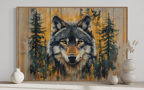 Bold Wolf Face Golden Forest Wooden Plank Wilderness Wildlife Rustic Wall Poster
