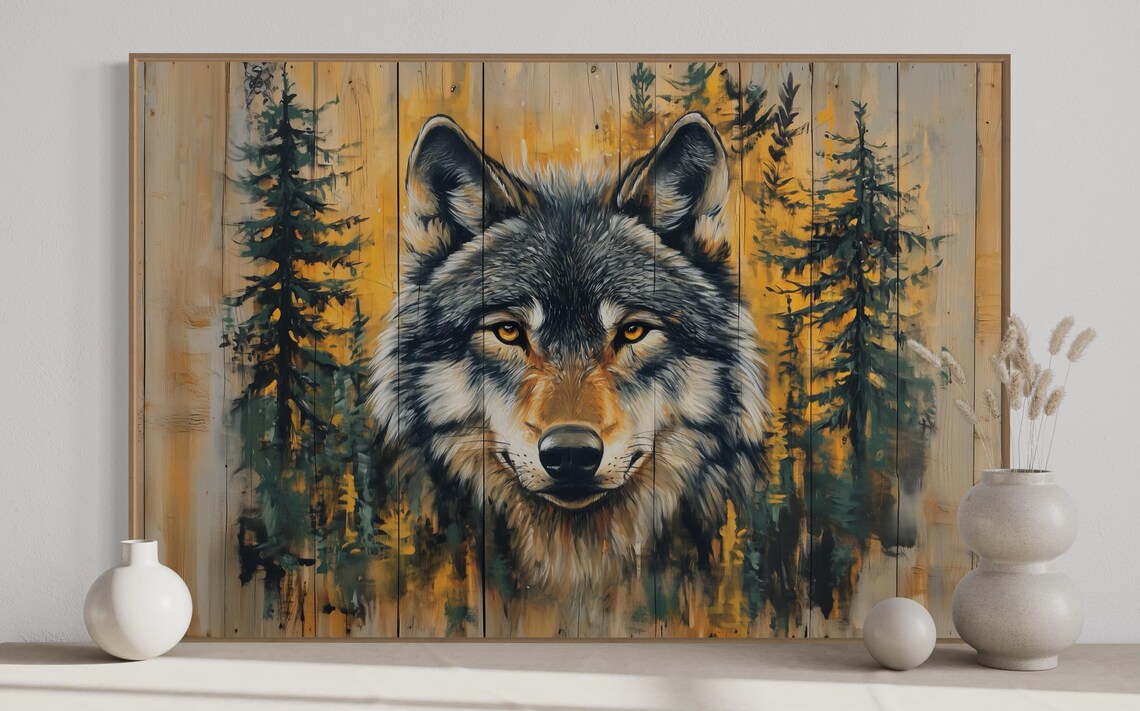 Bold Wolf Face Golden Forest Wooden Plank Wilderness Wildlife Rustic Wall Poster
