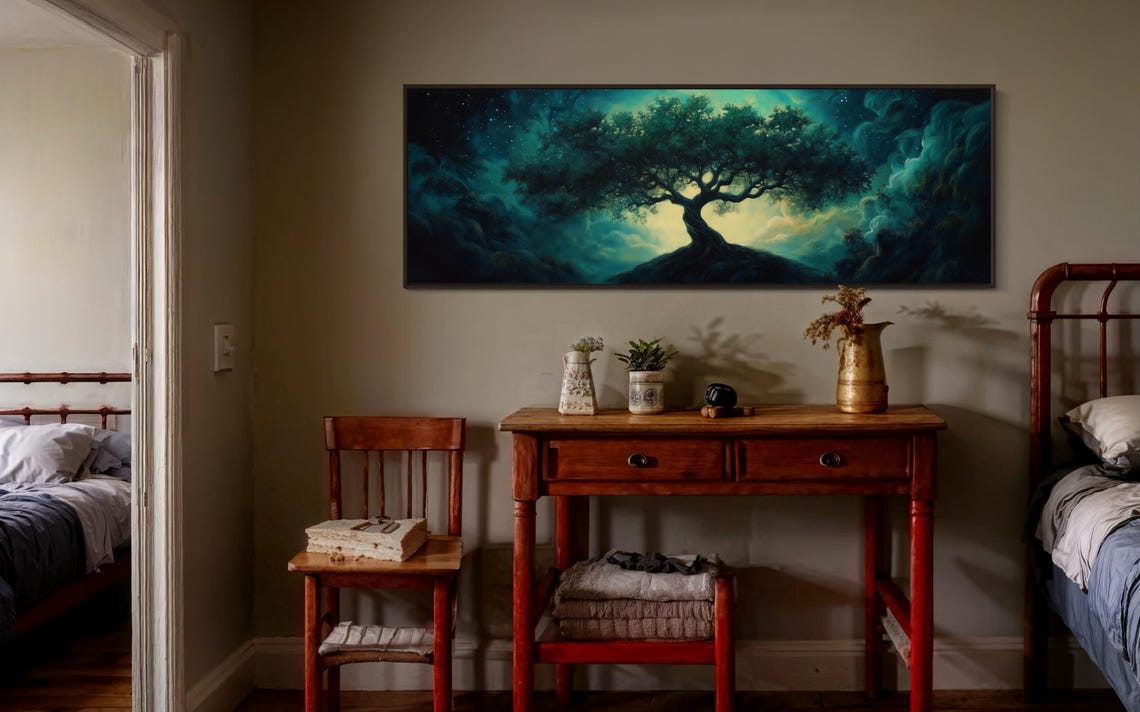 Glowing Tree Of Life Starry Night Teal Panoramic Mystical Poster - Image 2