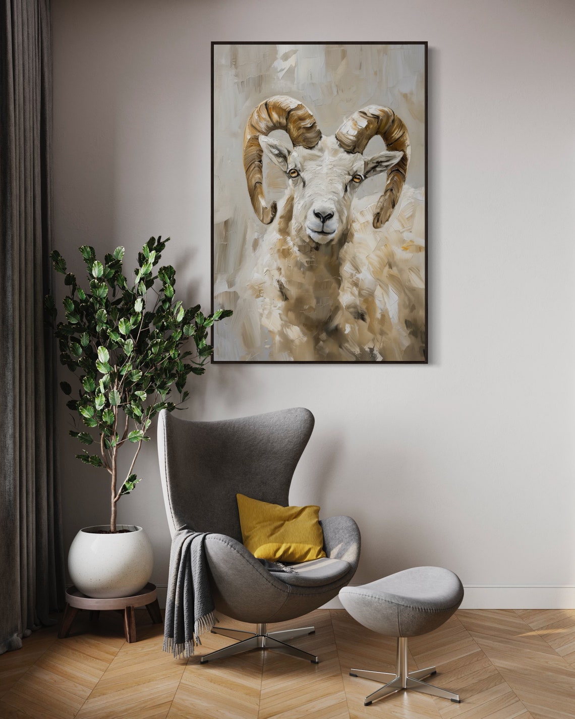 White Ram with Curled Horns Vertical Wildlife Portrait Wall Art - Image 4