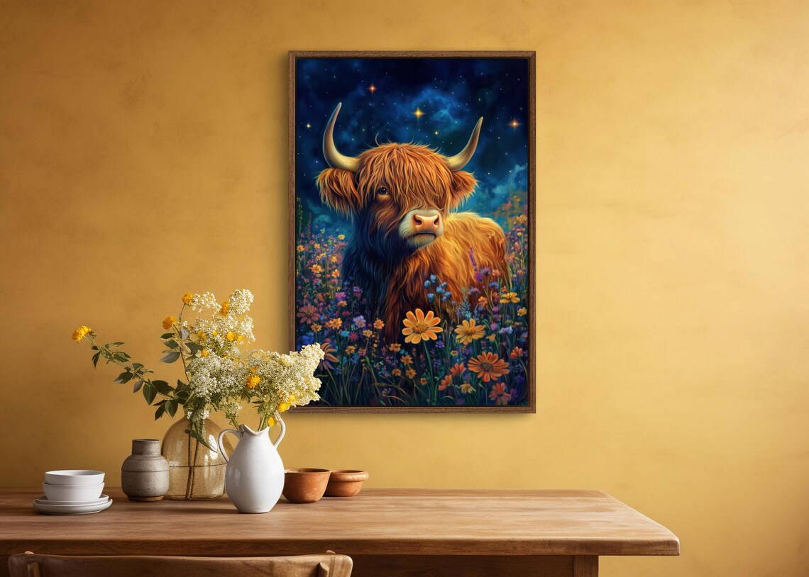 Highland Cow Wildflowers Starry Night Whimsical Colorful Animal Poster - Image 4