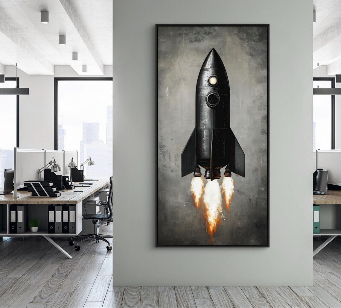 Vintage Rocket Launch Sleek Black Rocket Ship Art Print - Image 3