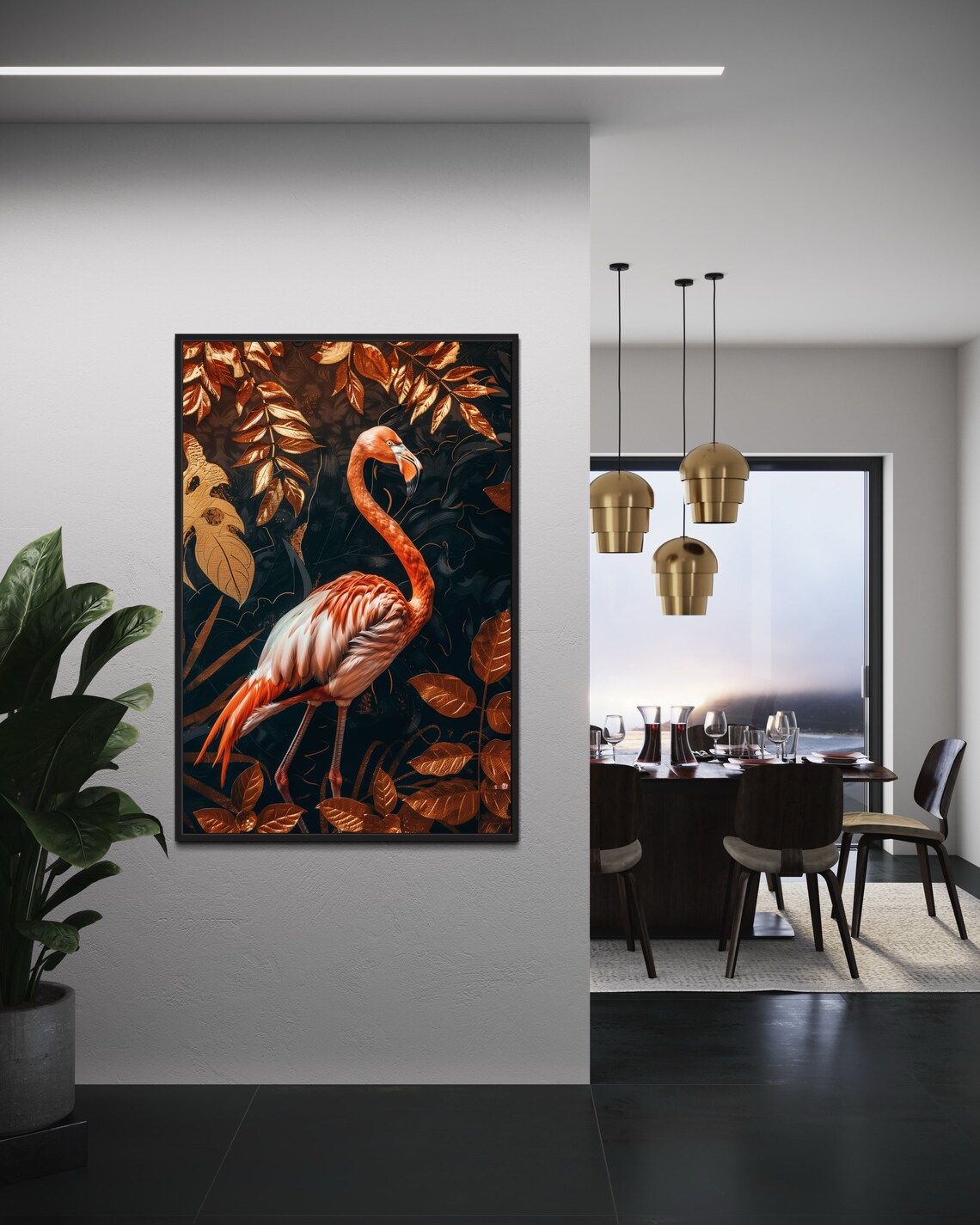 Elegant Pink Flamingo Golden Leaves Dark Tropical Luxury Wall Art - Image 2