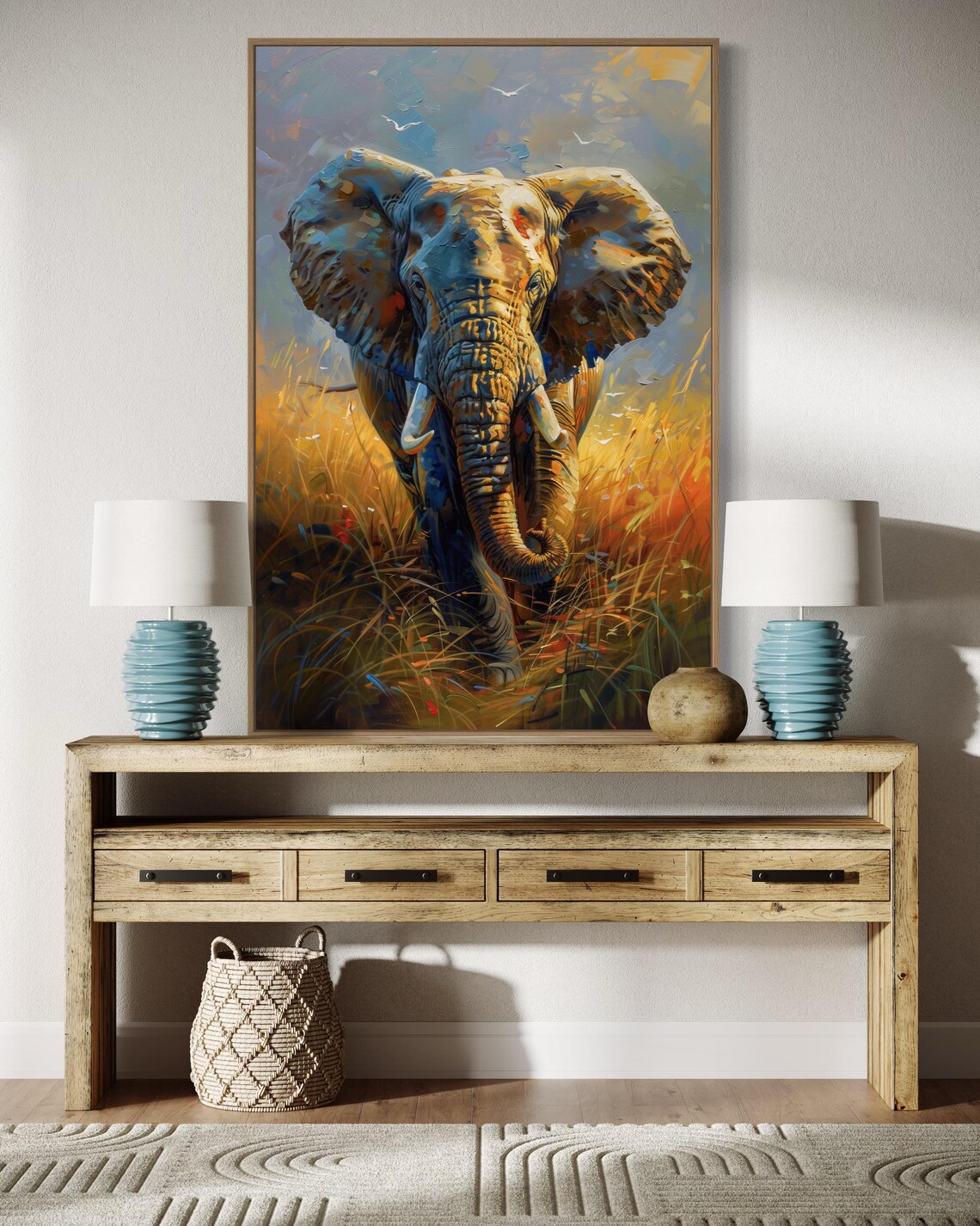 Expressive African Elephant Golden Savanna Wildlife Painting Print - Image 5