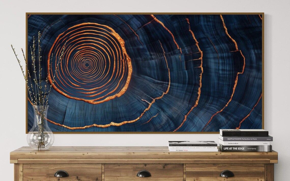Tree Ring Art Abstract Nature Inspired Print With Blue And Orange Tones Modern Organic Wall Decor Perfect Above Couch For Rustic Style - Image 2
