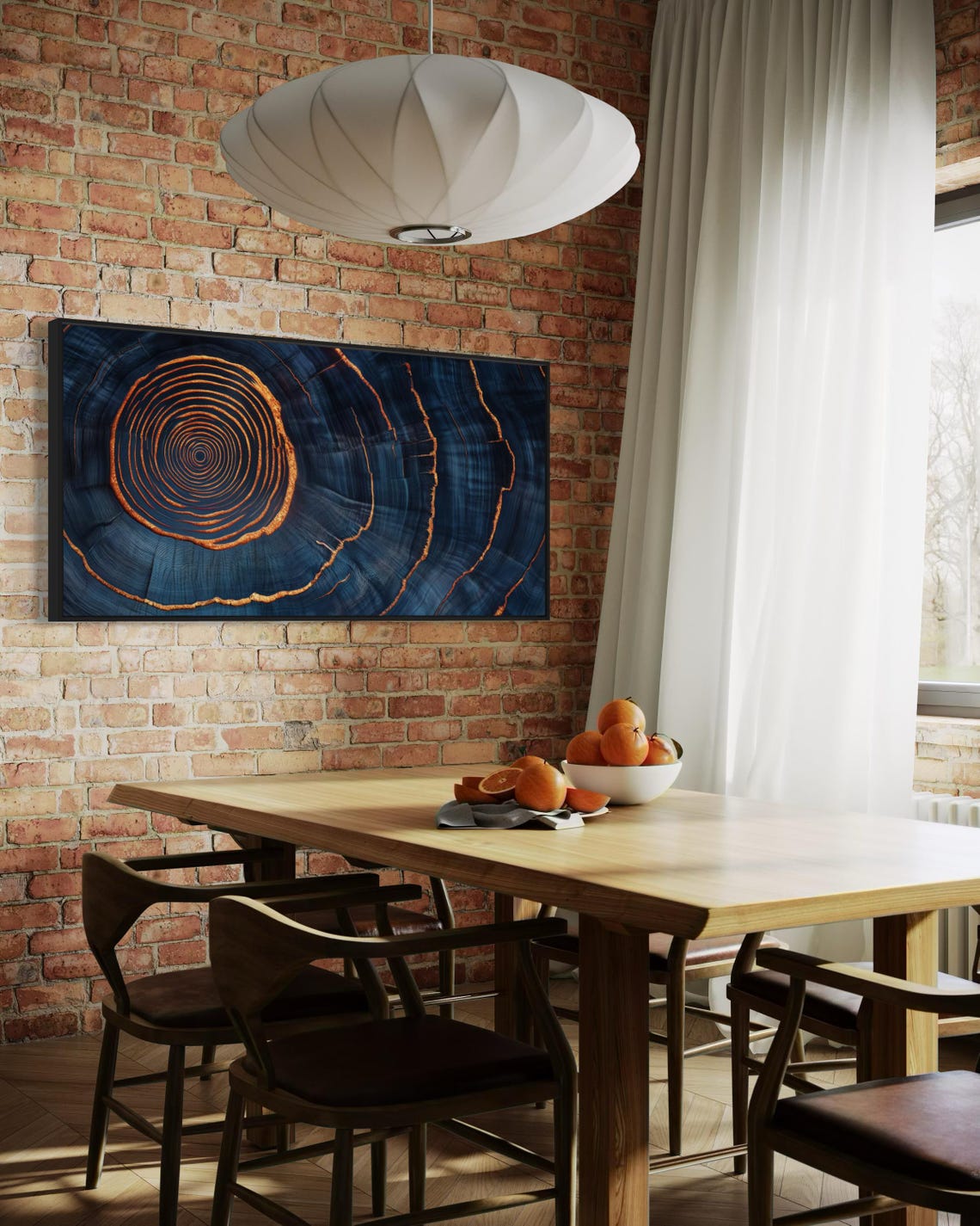 Abstract Tree Ring Art Navy Blue Orange Growth Rings Nature Print - Image 3