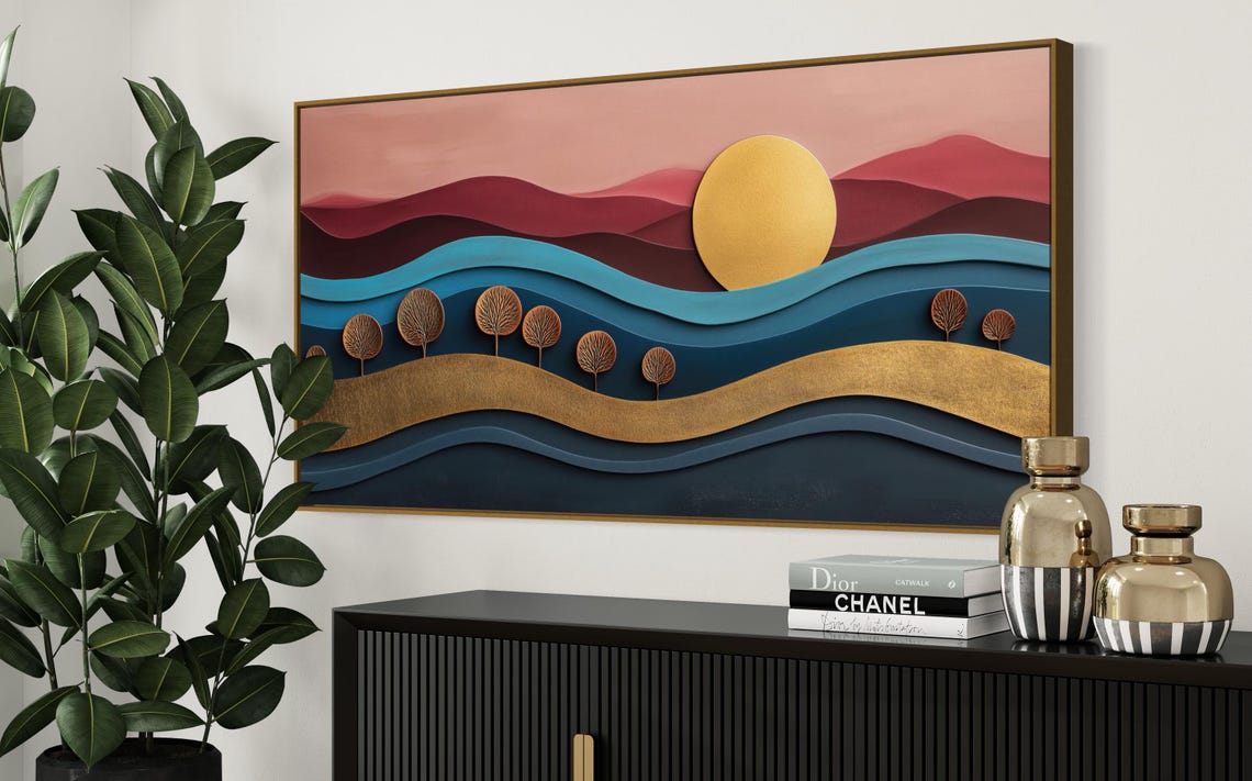 Pink Sunset Abstract Waves Layered Boho Panoramic Modern Wall Poster - Image 3