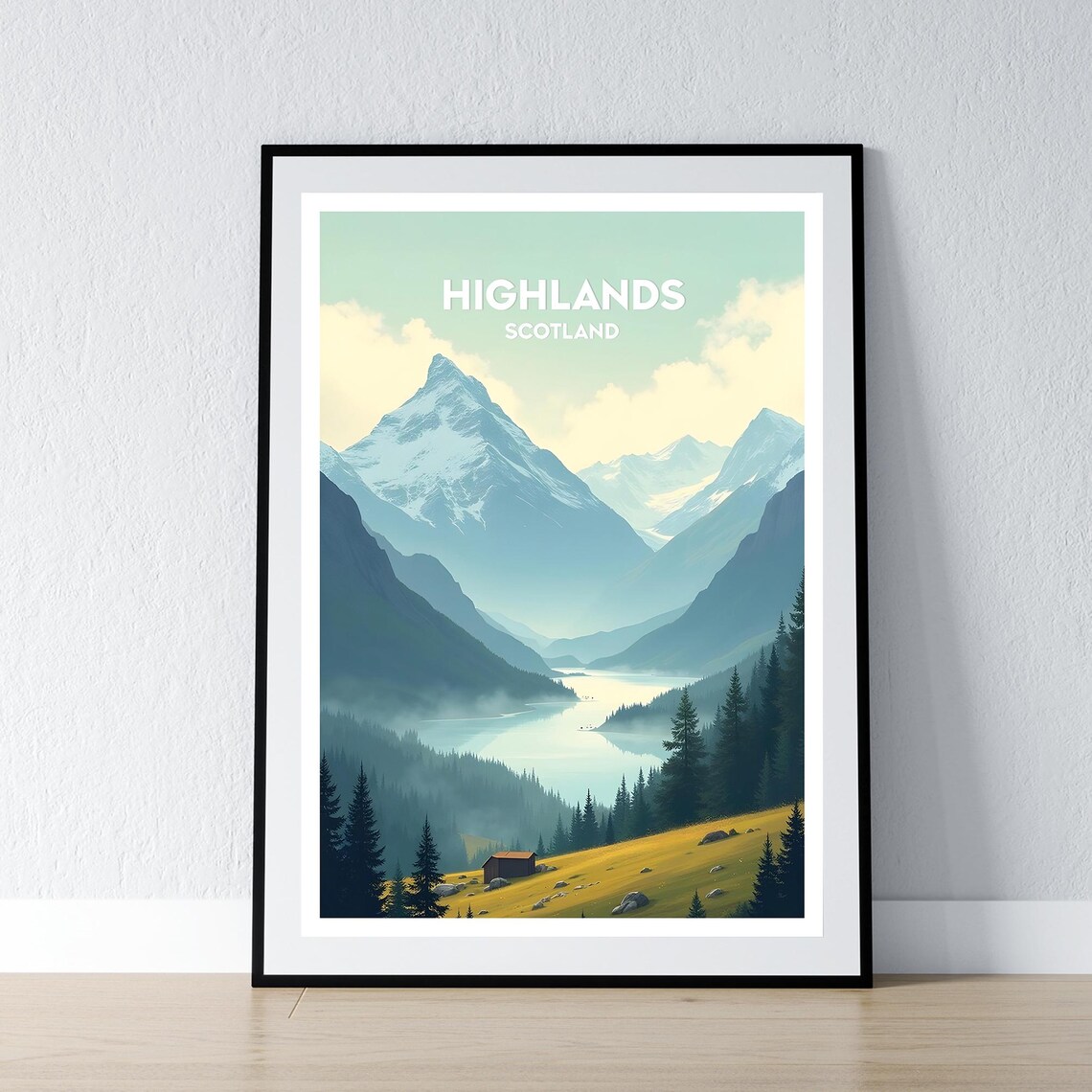 Scottish Highlands Vintage Travel Poster Misty Mountains Loch View Art