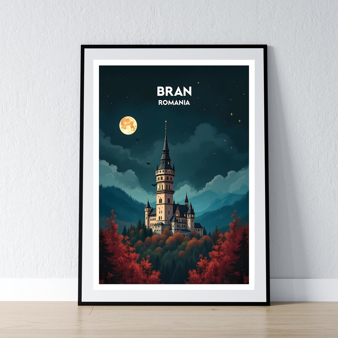 Bran Romania Castle Night Moon Bats Gothic Fairytale Travel Poster