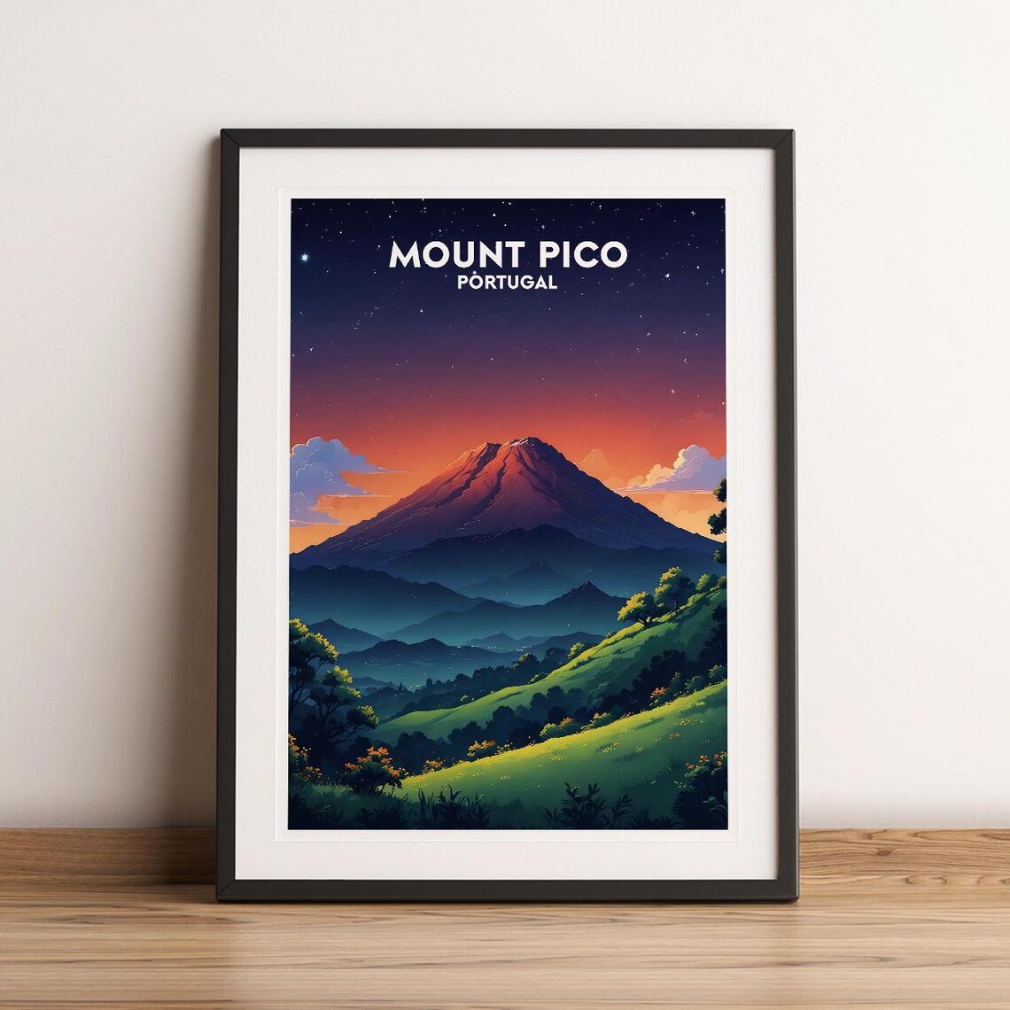 Mount Pico Portugal Travel Poster Volcano Peak Sunset Vintage Style