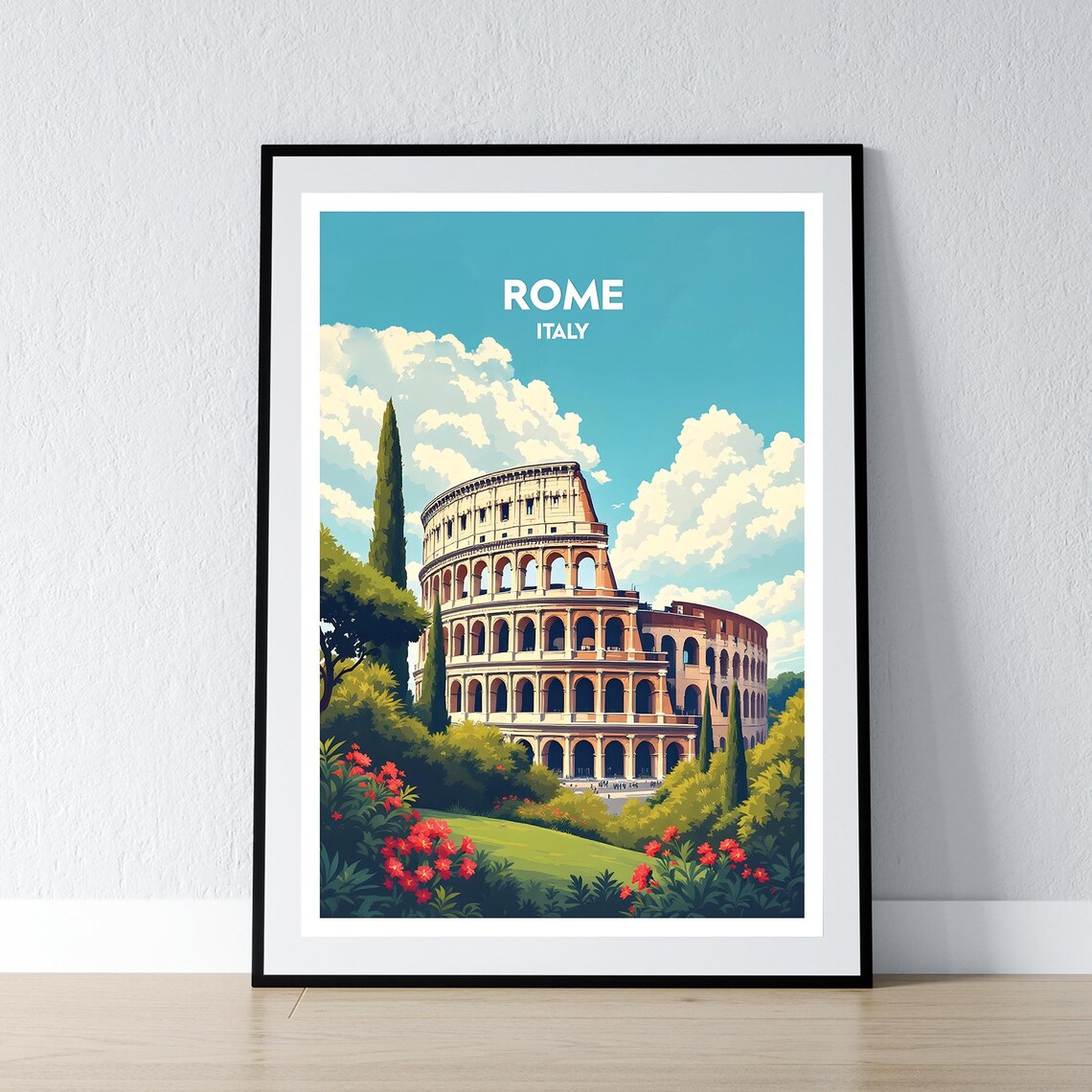 Rome Italy Colosseum Flower Garden Bright Blue Sky Travel Poster