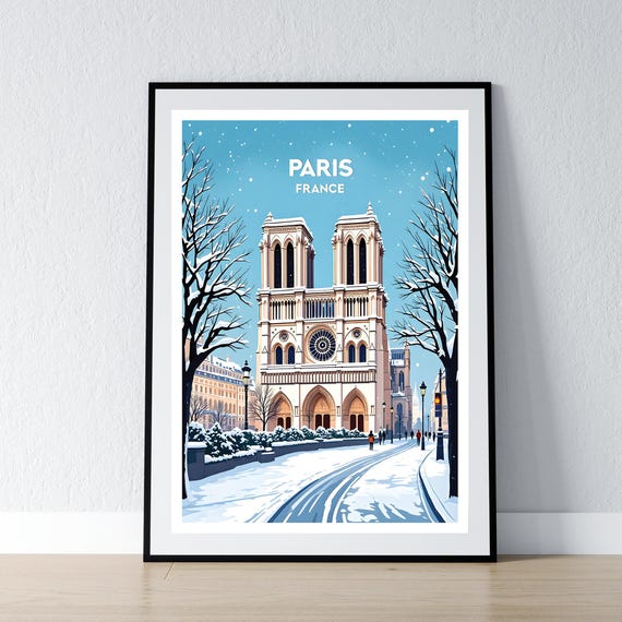 Paris Poster Notre Dame Winter Print Church Wall Art Gift Travel France French Home Decor Illustration