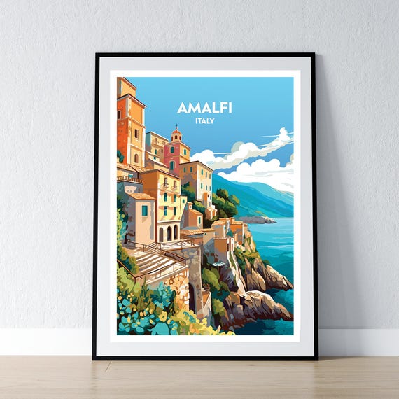 Amalfi Coast Poster Print Wall Art Gift Travel Home Decor Illustration Naples Italy Wpa