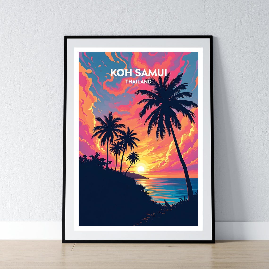 Koh Samui Thailand Fiery Sunset Palm Silhouette Travel Art Poster
