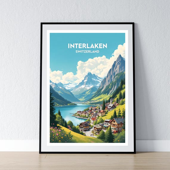 Interlaken Poster Print Switzerland Swiss Alps Wall Art Gift Travel Home Decor Illustration