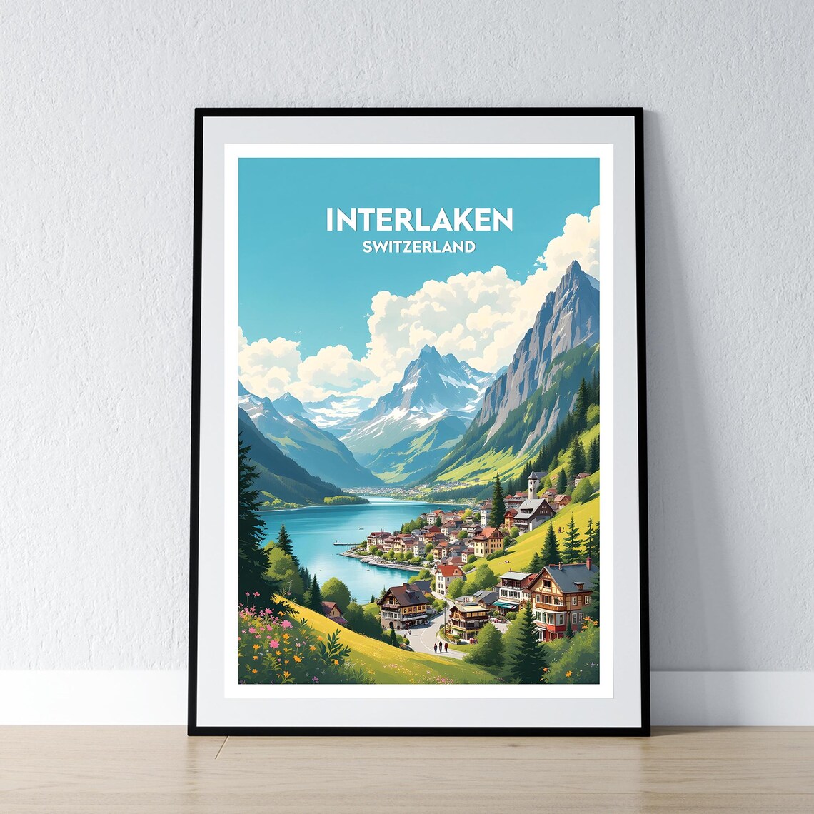 Interlaken Switzerland Alpine Lake Village Retro Travel Poster