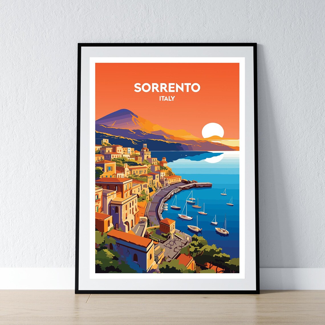 Sorrento Italy Vesuvius Sunset Bay Coast Travel Poster Illustration