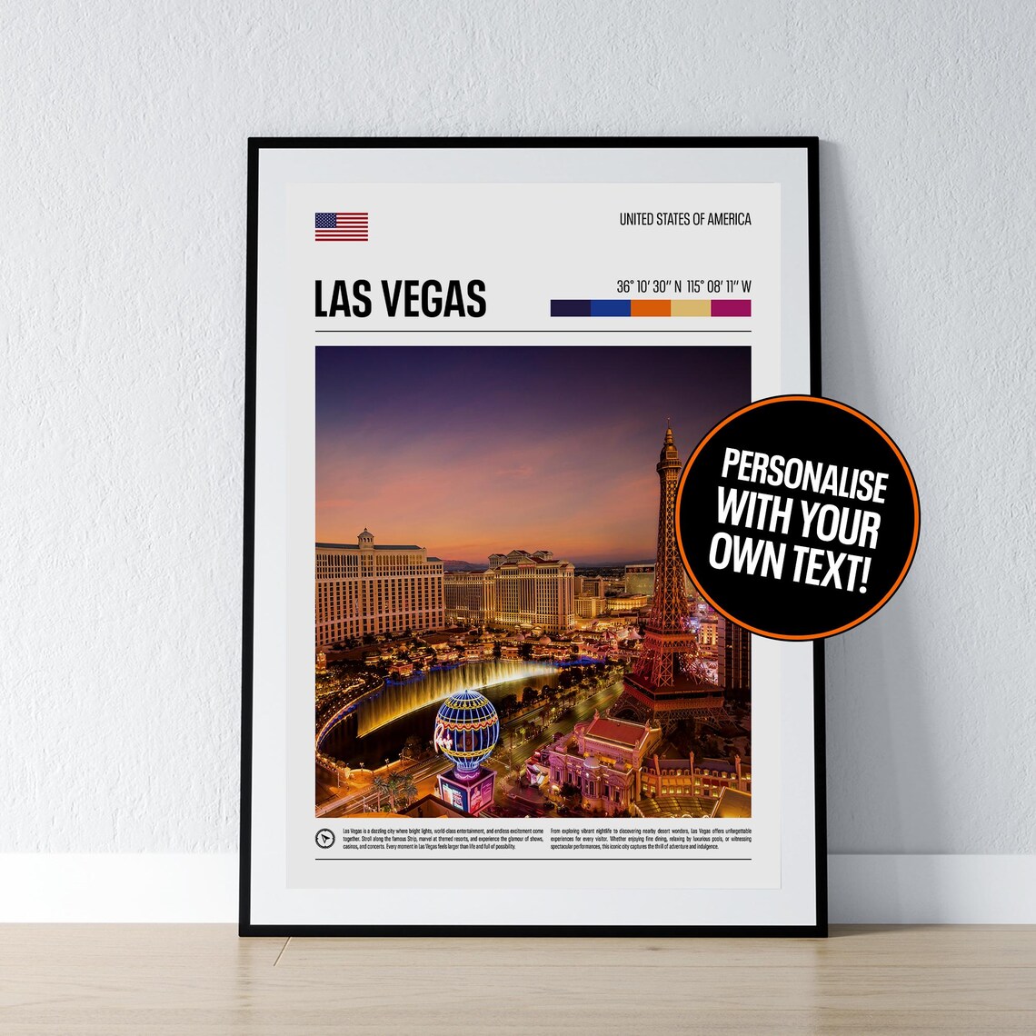 Las Vegas Nevada Strip Skyline Sunset Coordinates Travel Poster