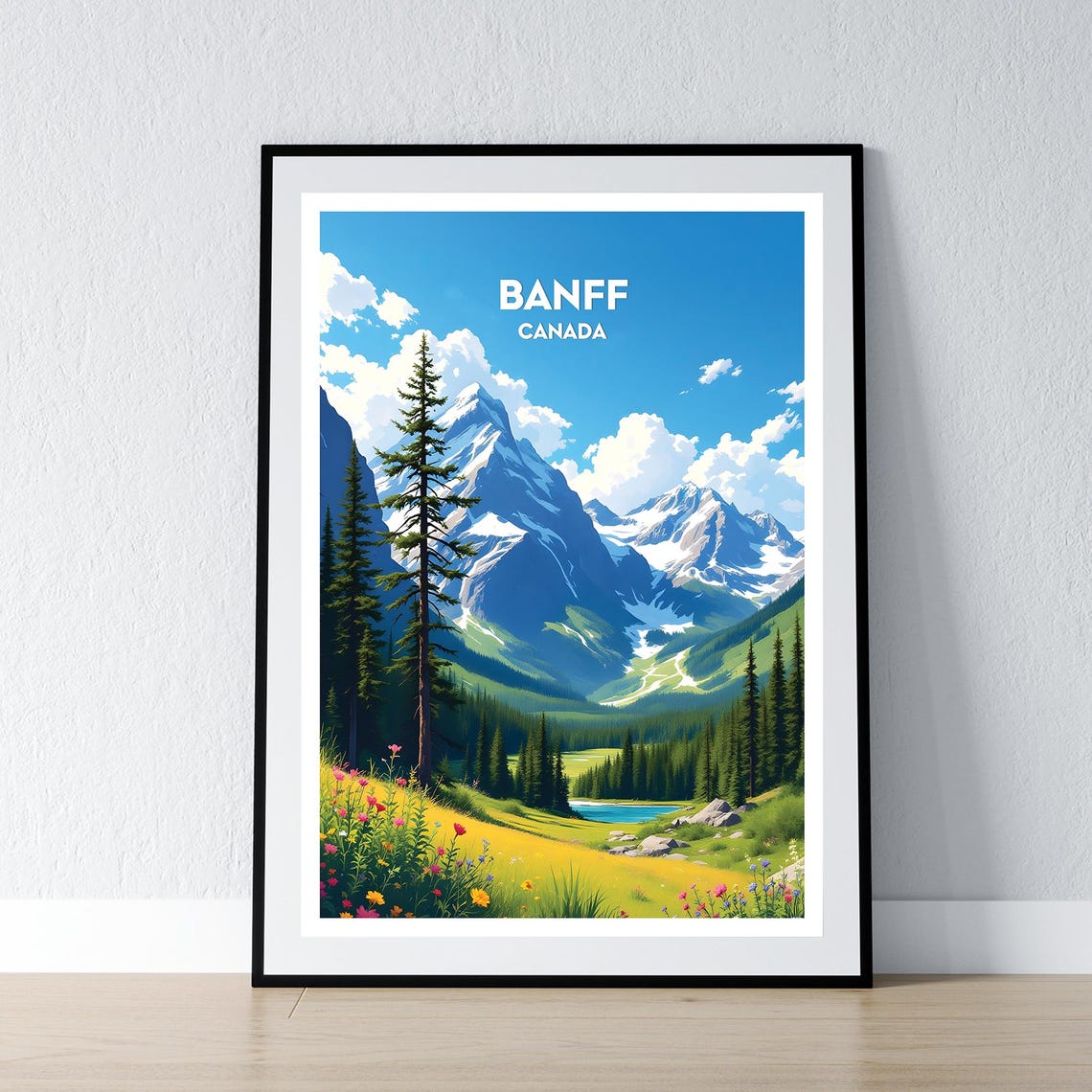 Banff Canada Snowy Peaks Wildflower Meadow Mountain Travel Poster