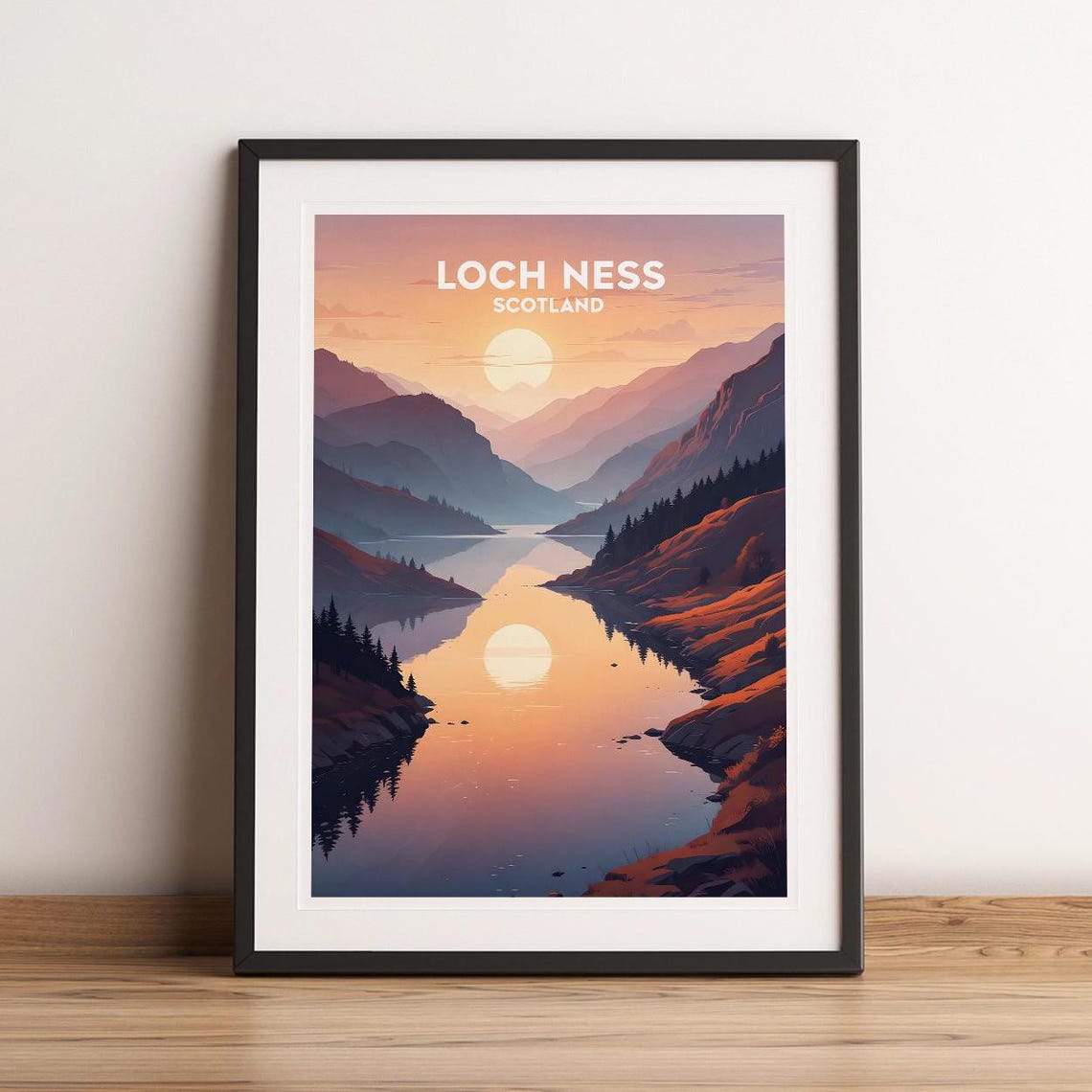 Serene Loch Ness Scotland Sunset Reflections Vintage Travel Poster