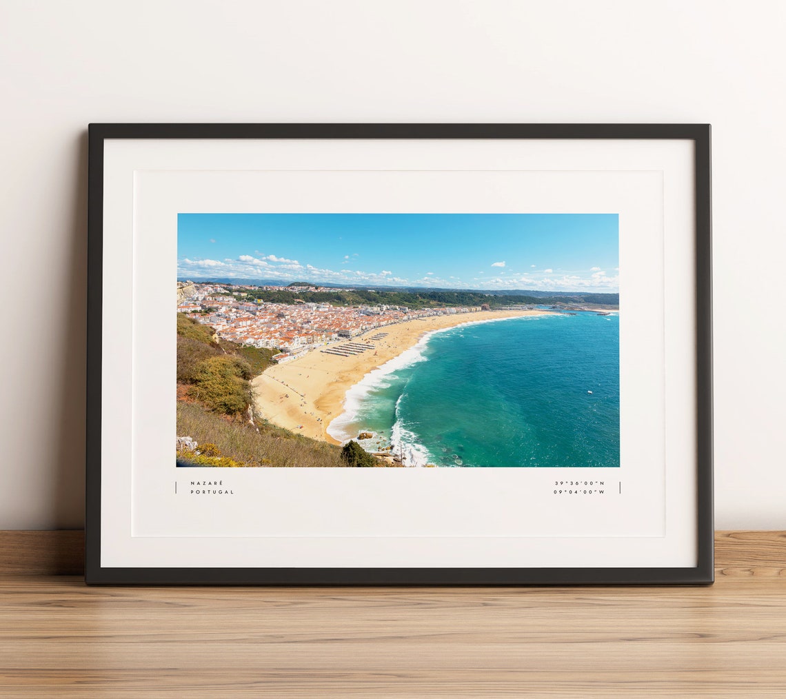 Nazare Portugal Beach Aerial Coast Coordinates Travel Poster