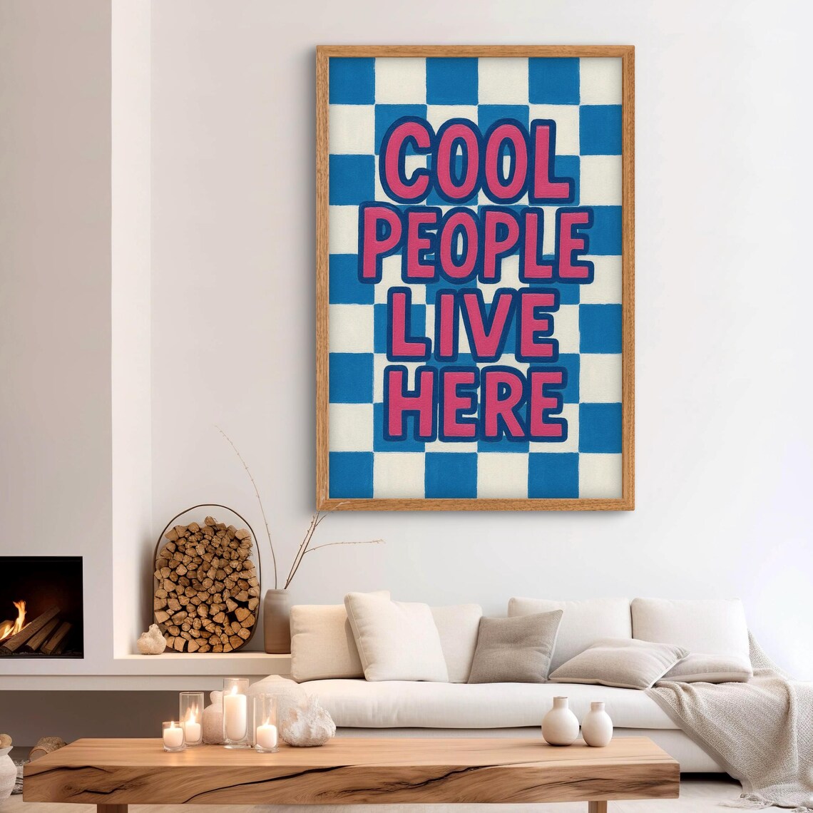 Cool People Live Here Pink Blue Checkerboard Retro Quote Poster