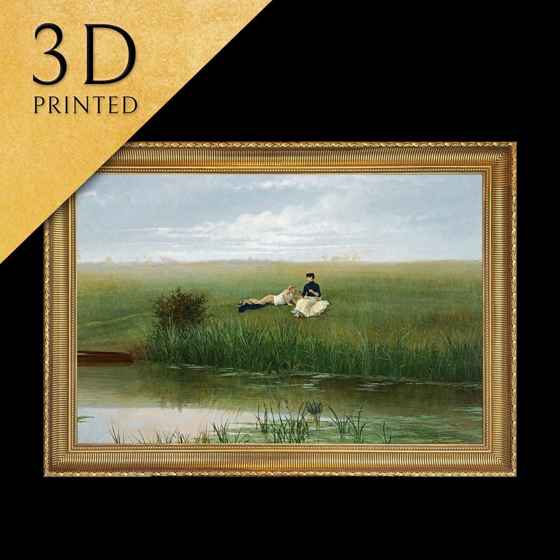 Two Figures Resting on the Grass Beside a Still Pond Art Poster