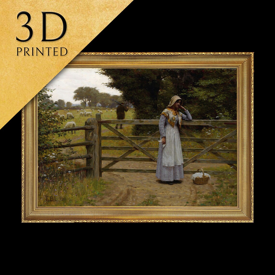 Leighton Off Woman at Farm Gate Sheep Countryside Scene Poster