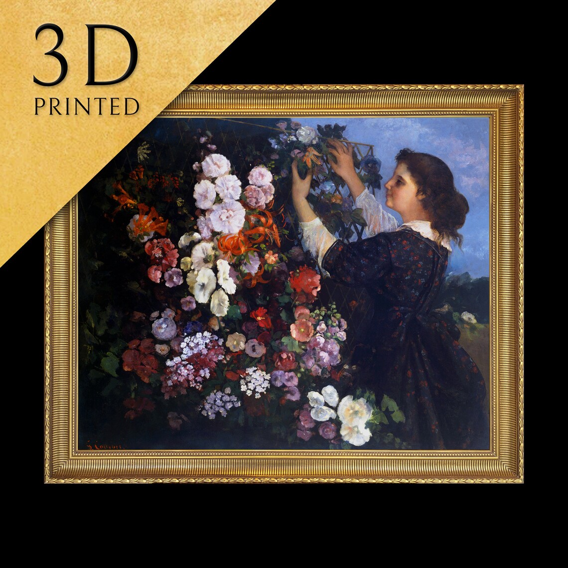 Gustave Courbet Trellis Woman Gathering Flowers Floral Textured Print