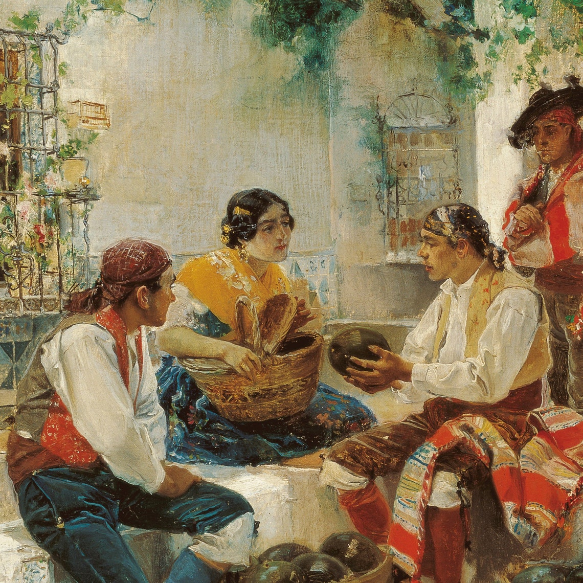 Melon Vendors in a Sunlit Italian Courtyard Genre Painting Poster - Image 2