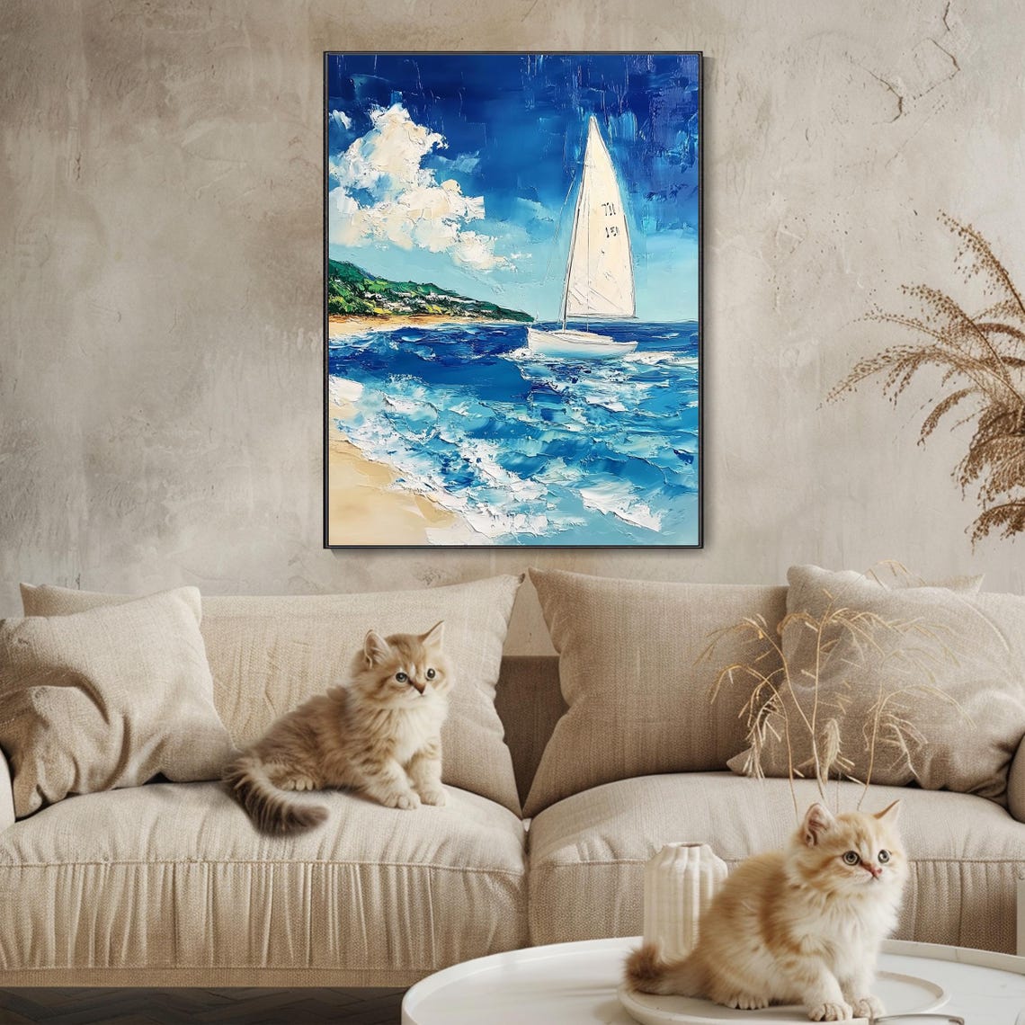 Lone White Sailboat by Sandy Beach Blue Waves Coastal Art Poster - Image 3