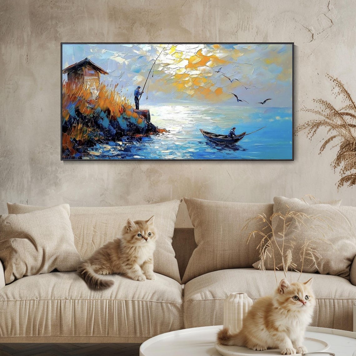 Blue Ocean Sunset Textured Wall Art Painting Fishing Enthusiasts Collectibles On Seagulls Sailboat Landscape Painting Living Room - Image 3