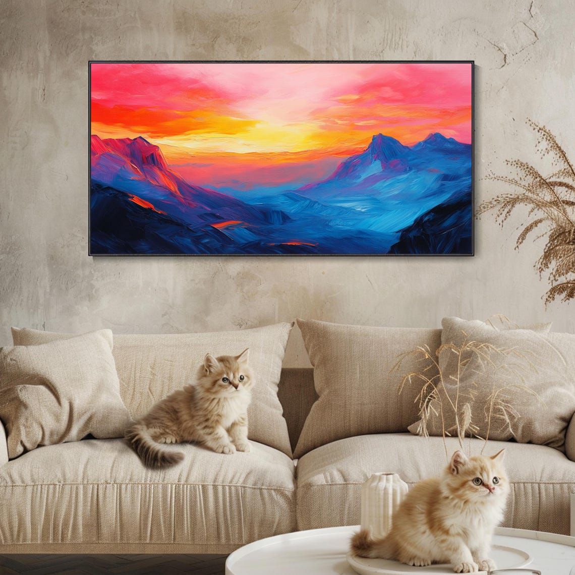 Pink Blue Abstract Mountain Sunset Panoramic Painting Poster - Image 3