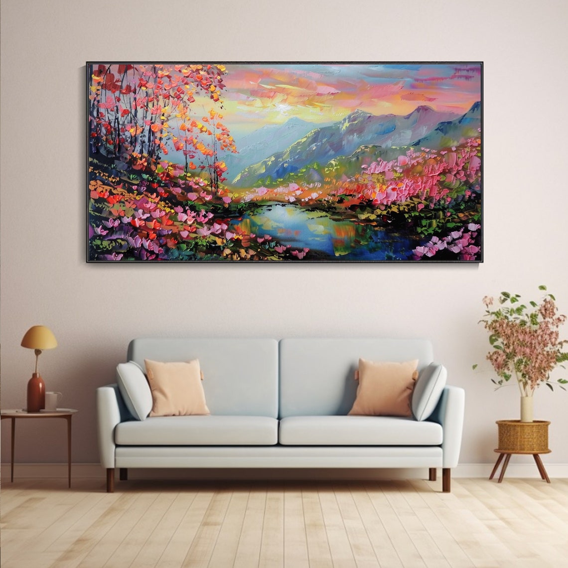 Sunset Mountain Valley with River and Blossom Trees Landscape Poster - Image 3