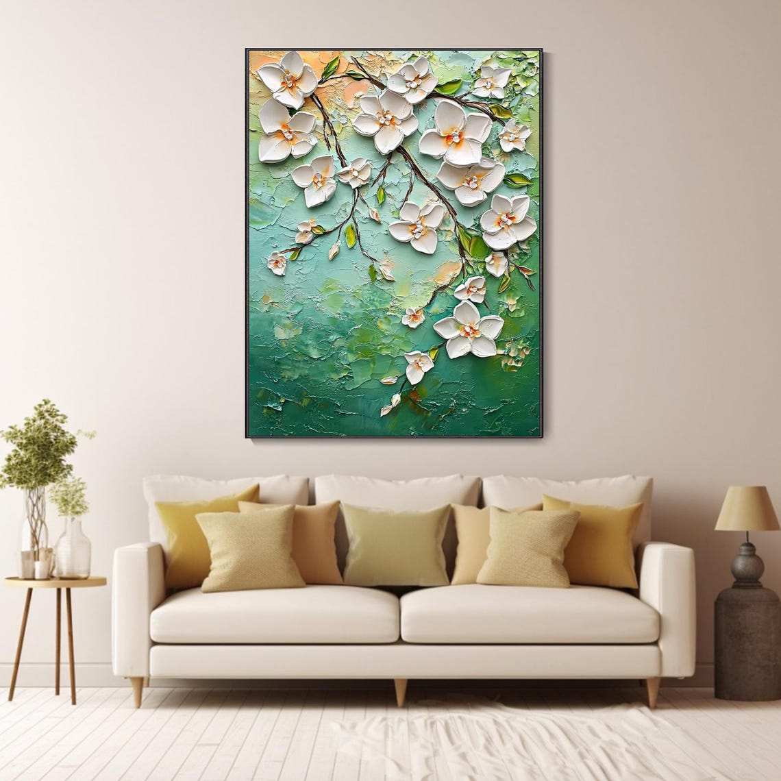 White Blossom Branches Teal Green Floral Painting Vertical Wall Poster - Image 5