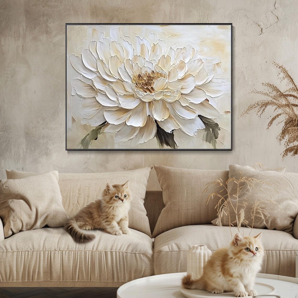 Giant White Flower Close Up Neutral Beige Impasto Textured Poster - Image 3