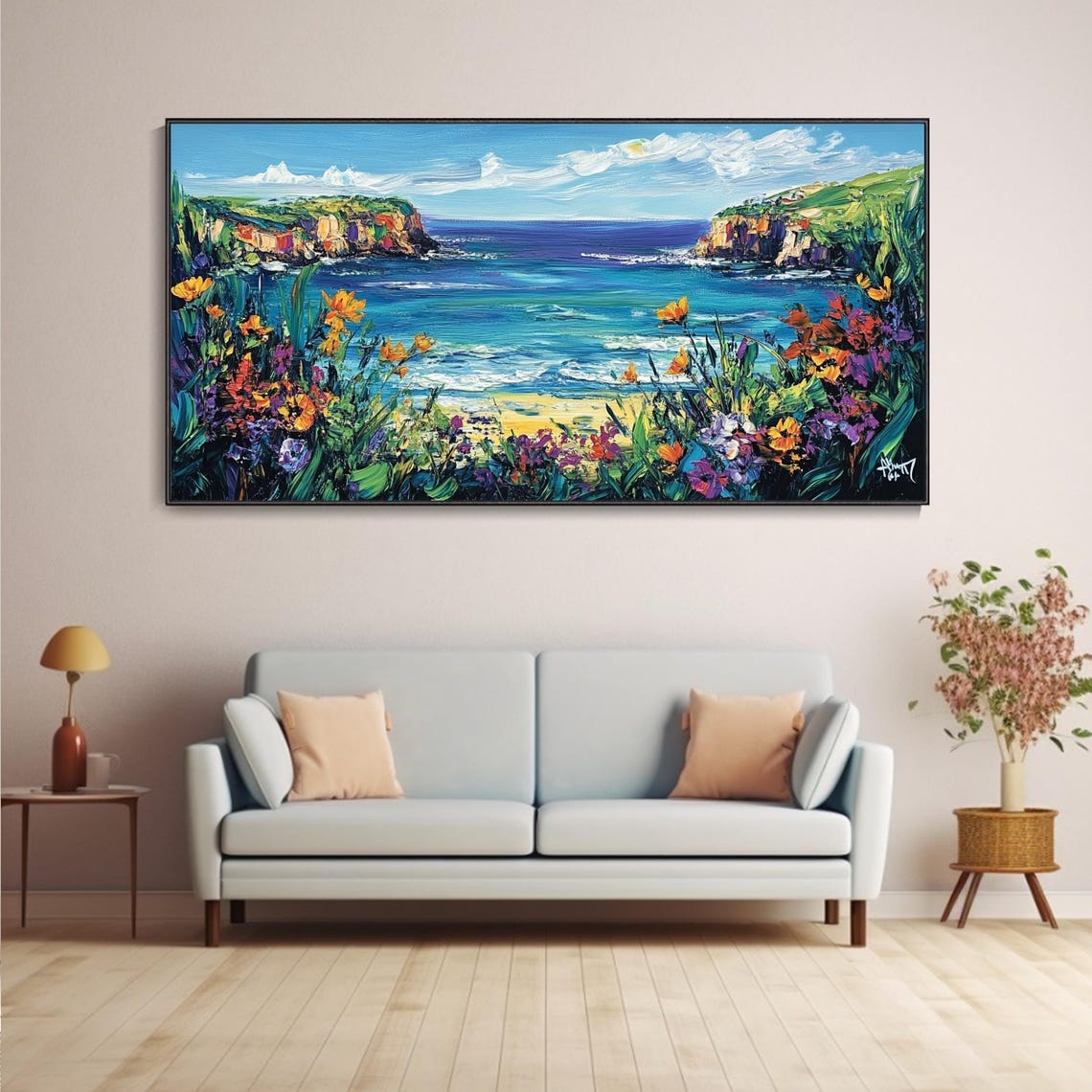 Coastal Cliffs Wildflowers Turquoise Sea Cove Impasto Painting Poster - Image 4